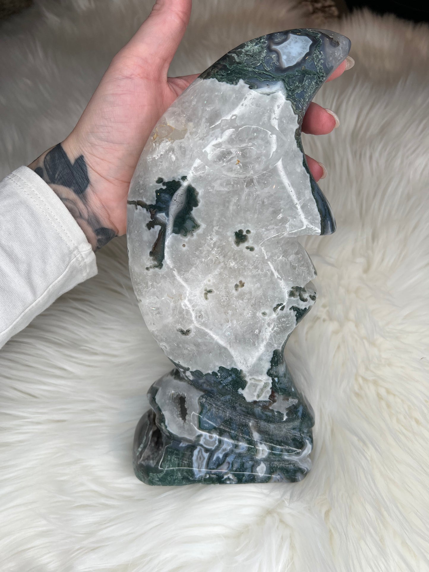 Moss Agate Moon Carving (large)