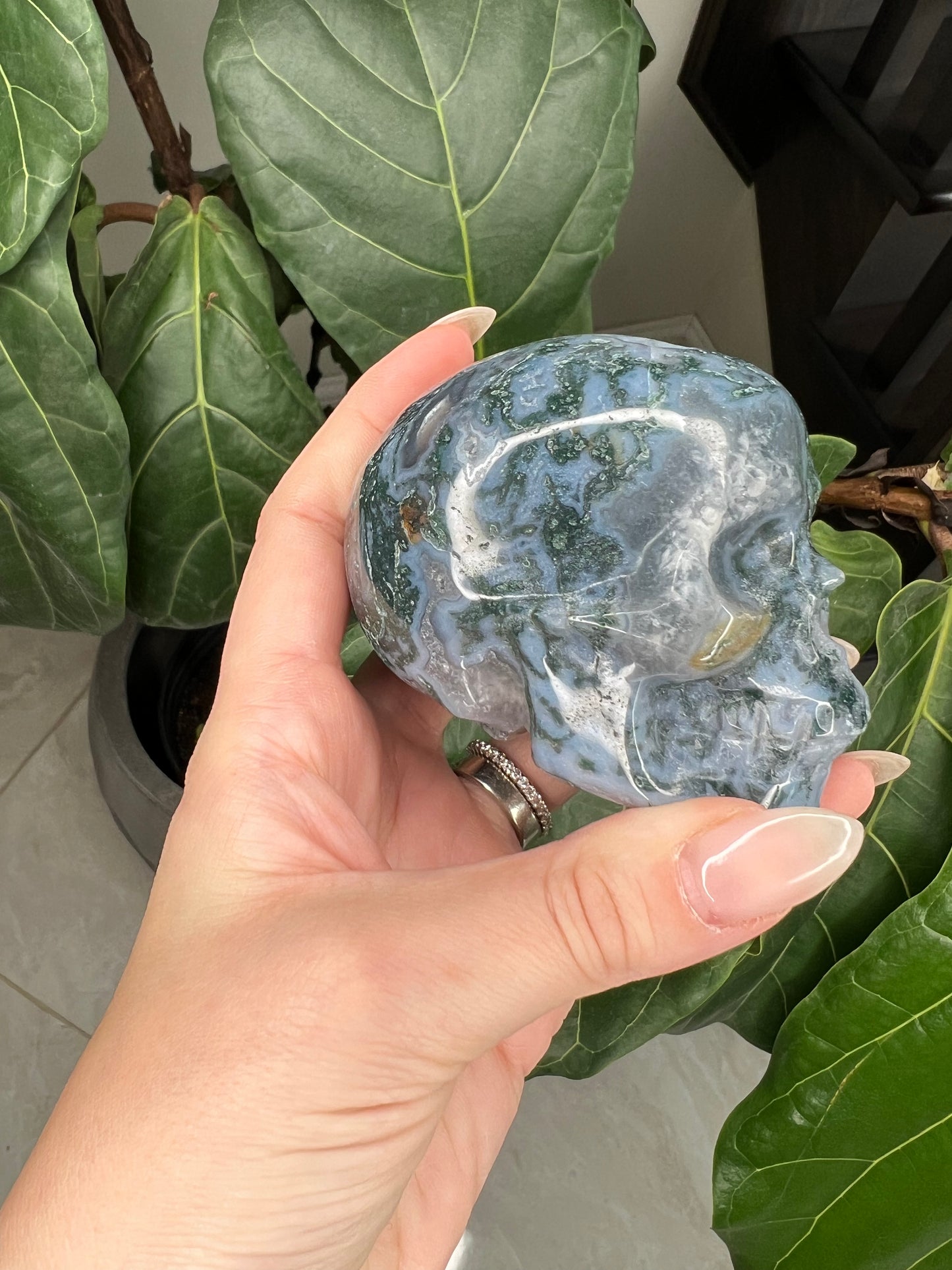 Blue Moss Agate Skull carving