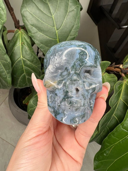 Blue Moss Agate Skull carving