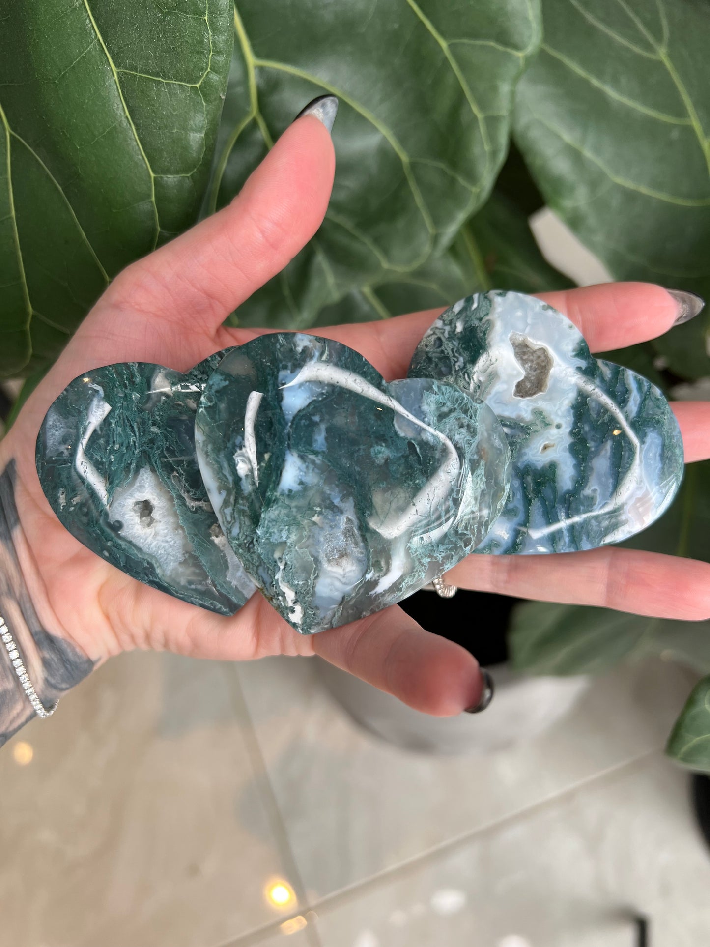 Moss Agate Heart Carvings