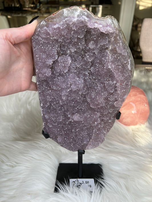 Amethyst Sugar Druzy slab on stand